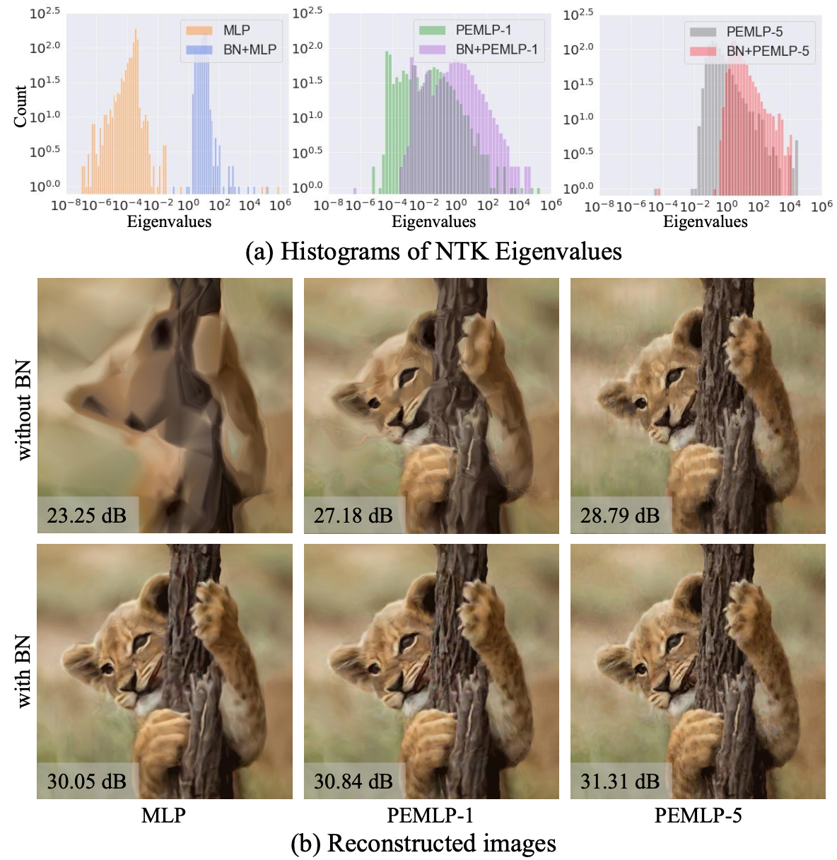 BN-INR: NTK eigenvalue distributions and image reconstruction with and without batch normalization